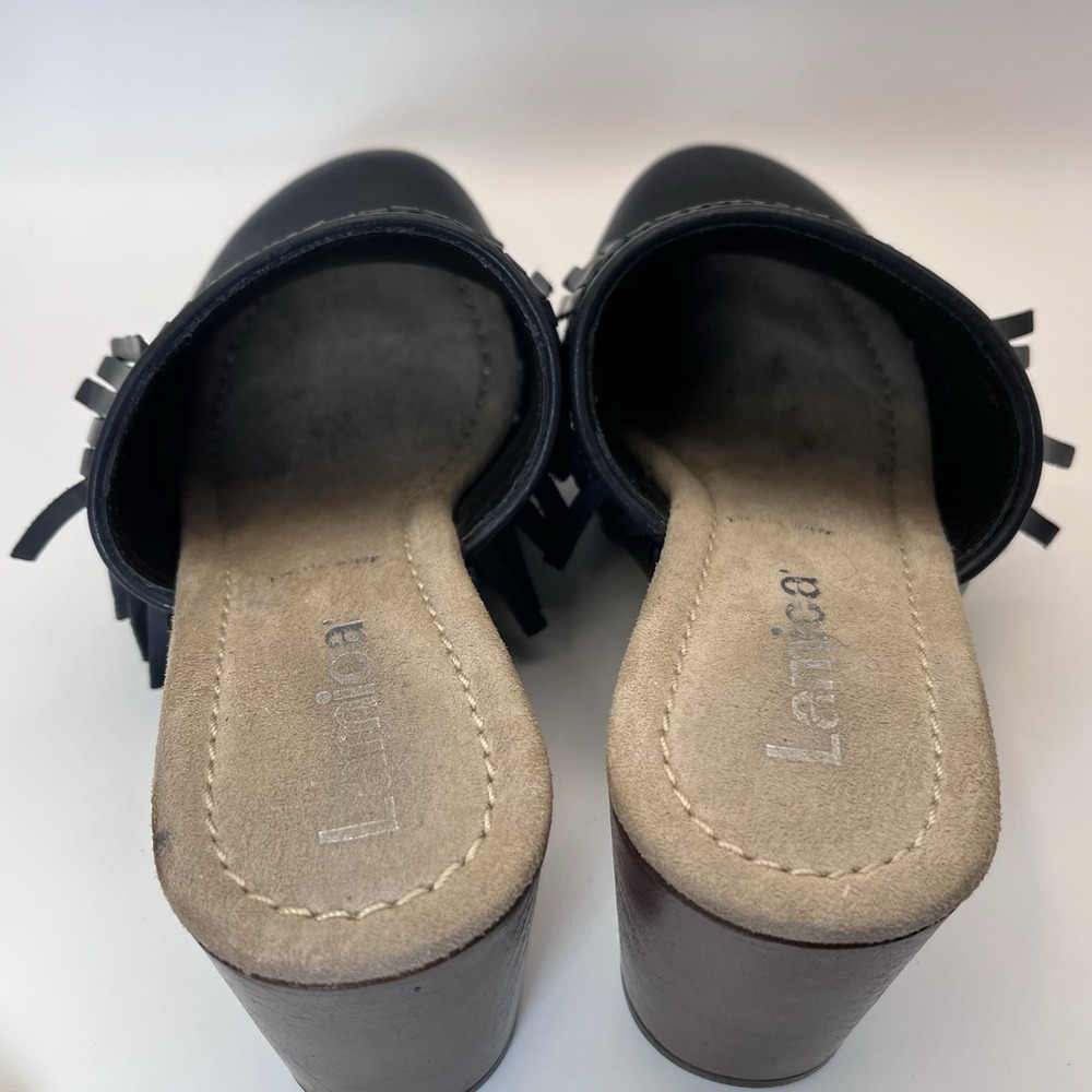 Lamica Navy Clog Leather Fringe Stud Wood Heel Platform Blue Women US 6 36 Italy - Picture 5 of 11